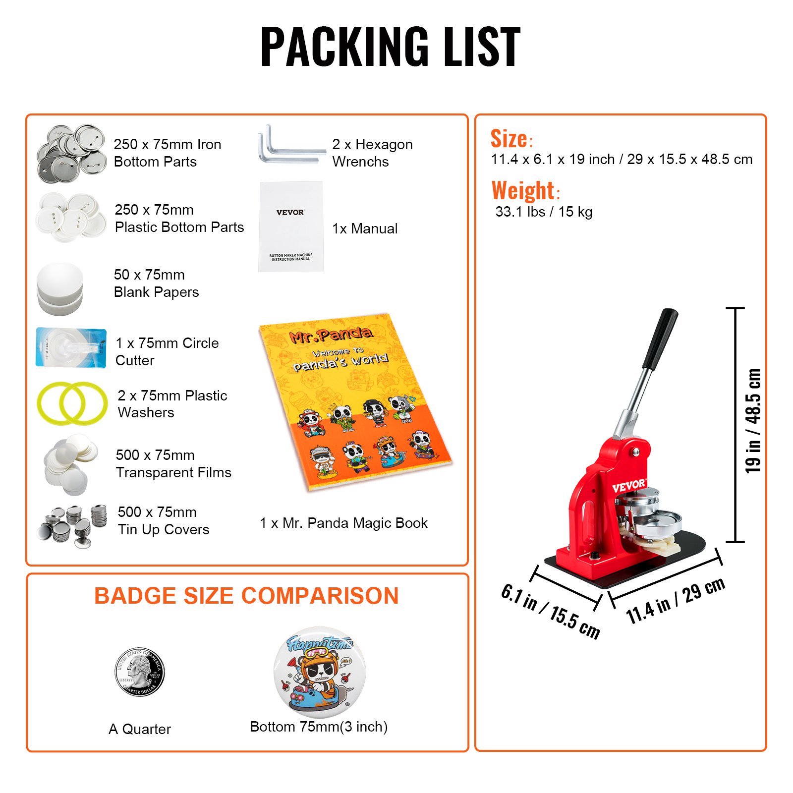 VEVOR Button Maker Machine, 75 mm (3 inch) Badge Punch Press Kit, Children DIY Gifts Pin Maker, Button Making Supplies with 500pcs Button Parts & Circle Cutter & Magic Book