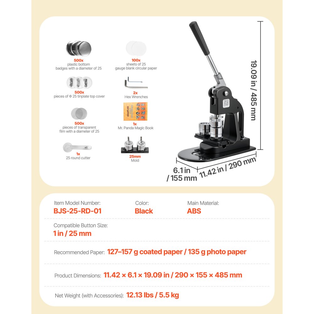 VEVOR Button Maker Machine, 1 in, Pin Maker Machine with 500pcs Button Parts, Circle Cutter, Hex Wrenches and Magic Book, Ergonomic Handle, for DIY Badges, Personalized Pins and Key Chains, Black