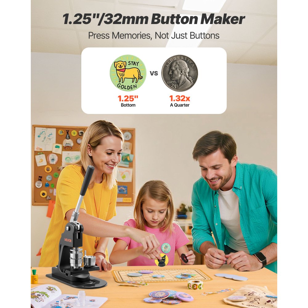 VEVOR Button Maker Machine, 1.25 in, Pin Maker Machine with 500pcs Button Parts, Circle Cutter, Hex Wrenches and Magic Book, Ergonomic Handle, for DIY Badges, Personalized Pins and Key Chains, Black