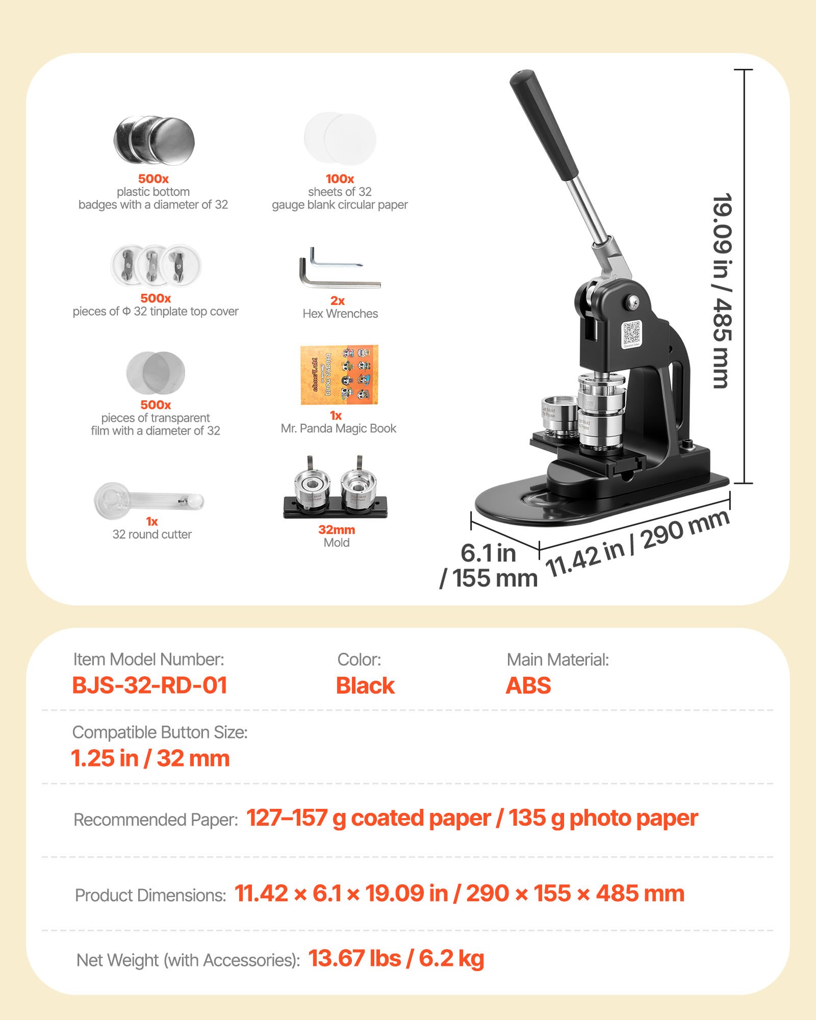 VEVOR Button Maker Machine, 1.25 in, Pin Maker Machine with 500pcs Button Parts, Circle Cutter, Hex Wrenches and Magic Book, Ergonomic Handle, for DIY Badges, Personalized Pins and Key Chains, Black