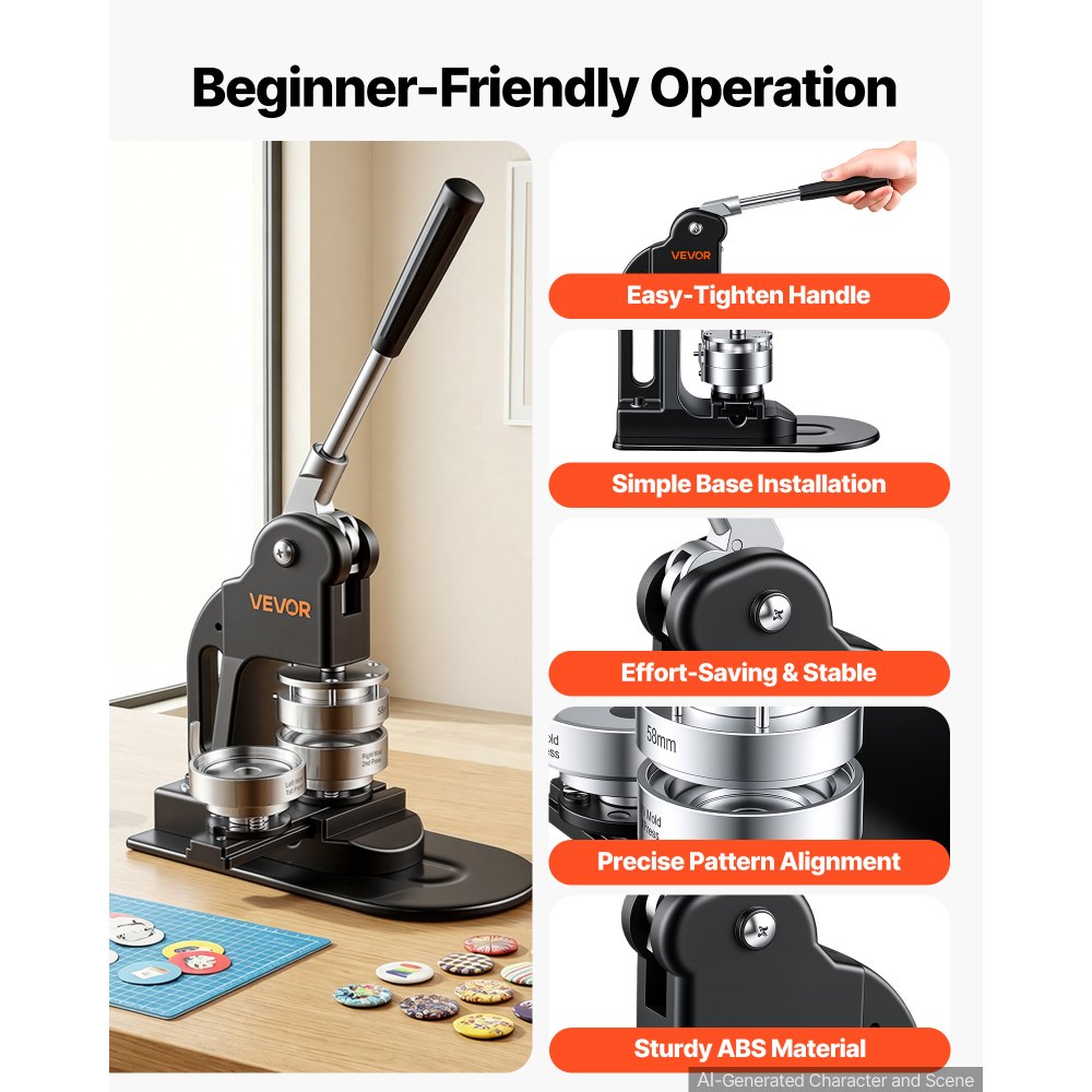 VEVOR Button Maker Machine 2.25"/58mm Pin Maker 500pcs Button Parts Black, with Circle Cutter, Magic Book, and Hex Wrenches, Ergonomic Handle, for DIY Badges, Pins, Fridge Magnets and Key Chains