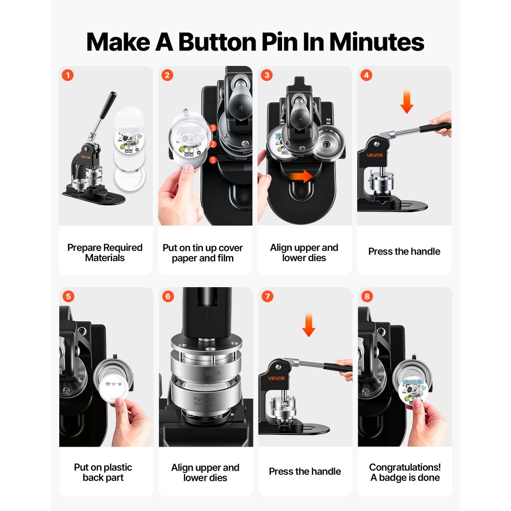 VEVOR Button Maker Machine 2.25"/58mm Pin Maker 500pcs Button Parts Black, with Circle Cutter, Magic Book, and Hex Wrenches, Ergonomic Handle, for DIY Badges, Pins, Fridge Magnets and Key Chains