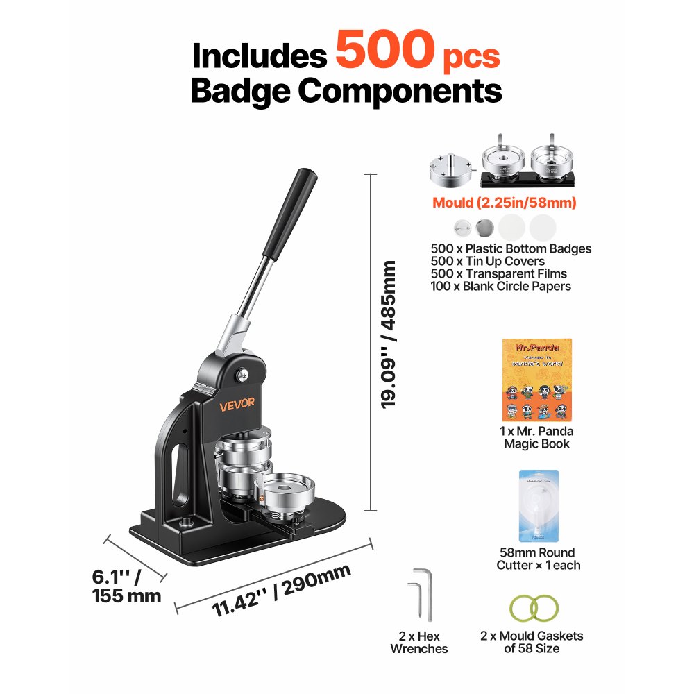VEVOR Button Maker Machine 2.25"/58mm Pin Maker 500pcs Button Parts Black, with Circle Cutter, Magic Book, and Hex Wrenches, Ergonomic Handle, for DIY Badges, Pins, Fridge Magnets and Key Chains