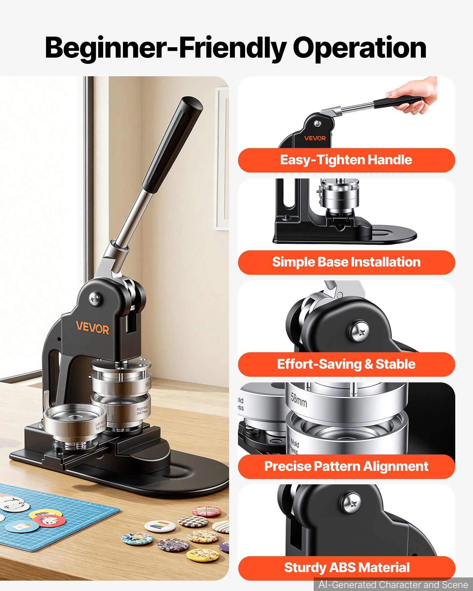 VEVOR Button Maker Machine 2.25"/58mm Pin Maker 500pcs Button Parts Black, with Circle Cutter, Magic Book, and Hex Wrenches, Ergonomic Handle, for DIY Badges, Pins, Fridge Magnets and Key Chains