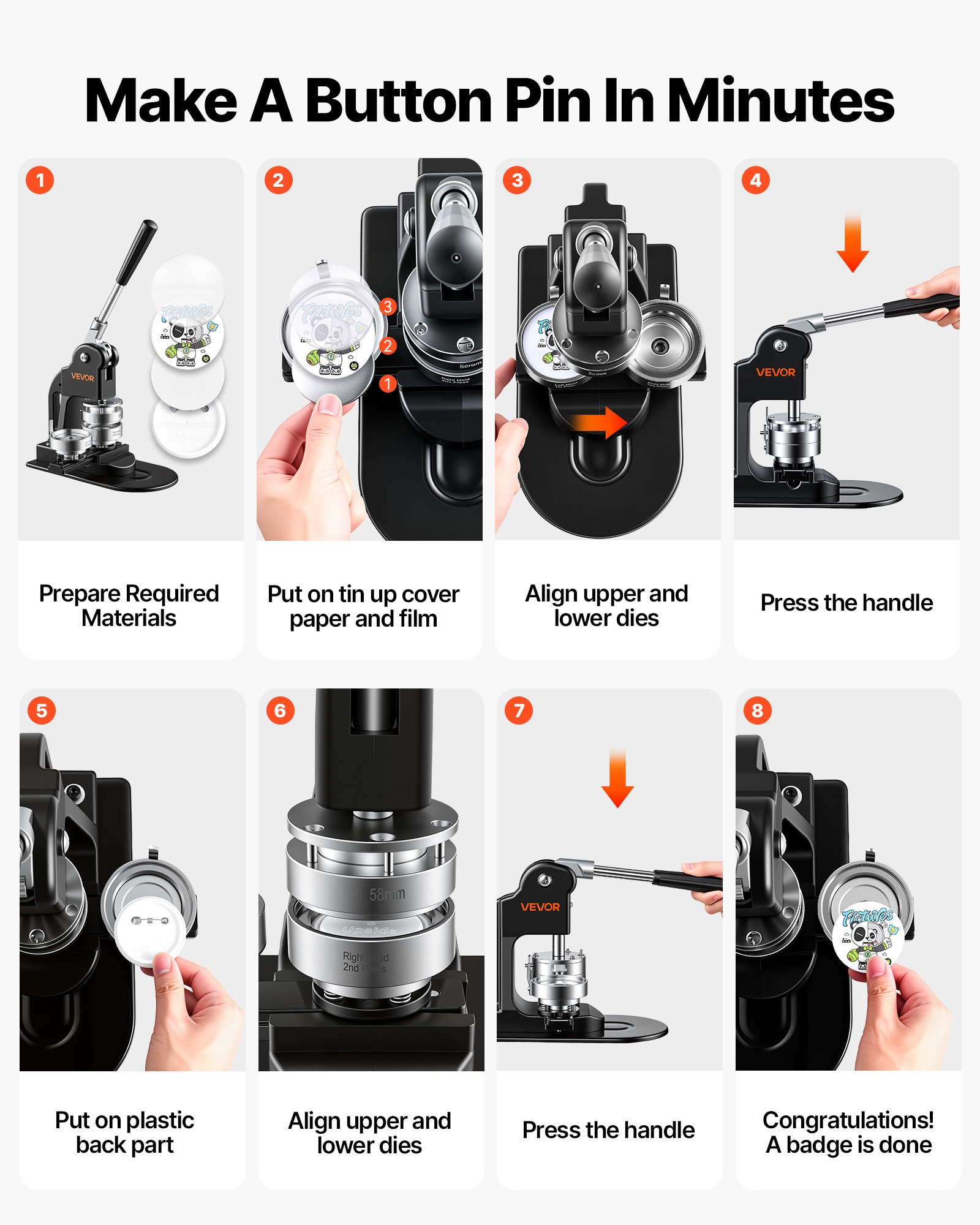 VEVOR Button Maker Machine 2.25"/58mm Pin Maker 500pcs Button Parts Black, with Circle Cutter, Magic Book, and Hex Wrenches, Ergonomic Handle, for DIY Badges, Pins, Fridge Magnets and Key Chains