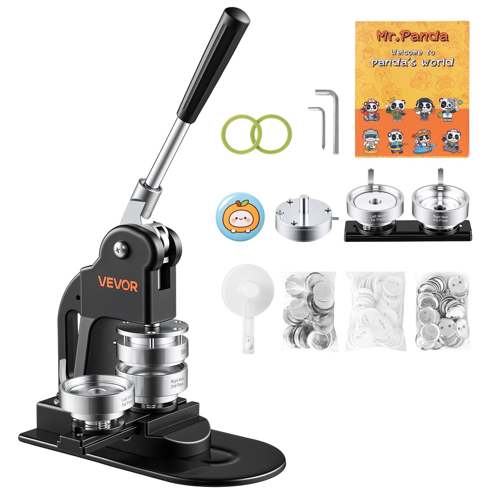 VEVOR Button Maker Machine 2.25"/58mm Pin Maker 500pcs Button Parts Black, with Circle Cutter, Magic Book, and Hex Wrenches, Ergonomic Handle, for DIY Badges, Pins, Fridge Magnets and Key Chains