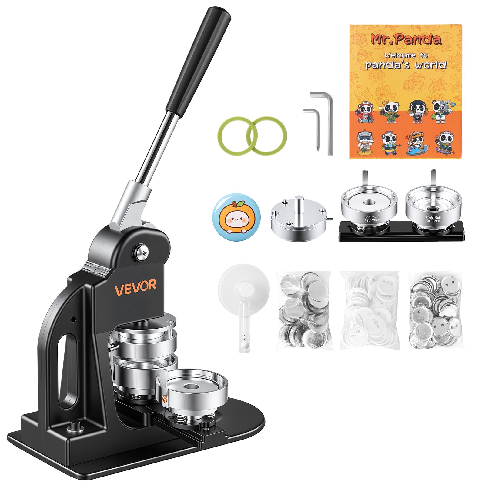 VEVOR Button Maker Machine 2.25"/58mm Pin Maker 500pcs Button Parts Black, with Circle Cutter, Magic Book, and Hex Wrenches, Ergonomic Handle, for DIY Badges, Pins, Fridge Magnets and Key Chains