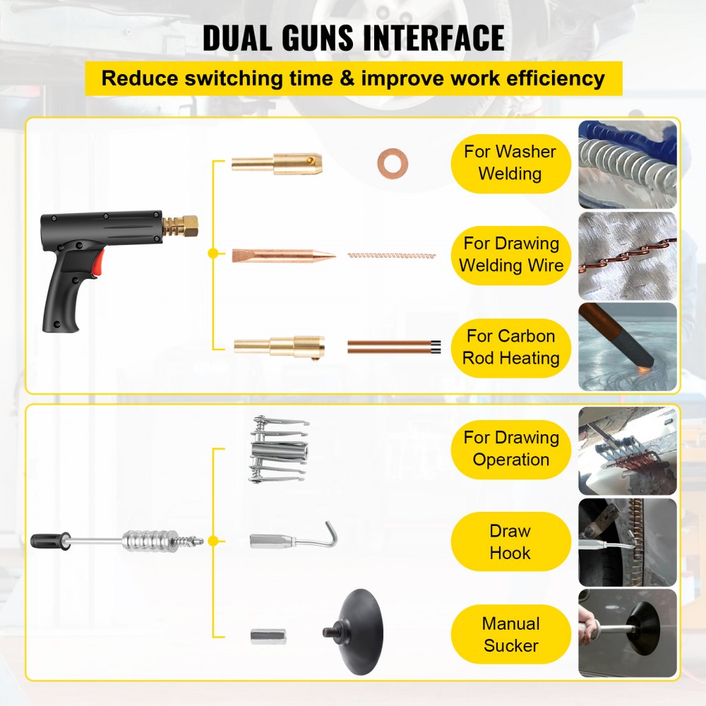 VEVOR dent puller with dual guns interface, showcasing tools for welding and drawing.