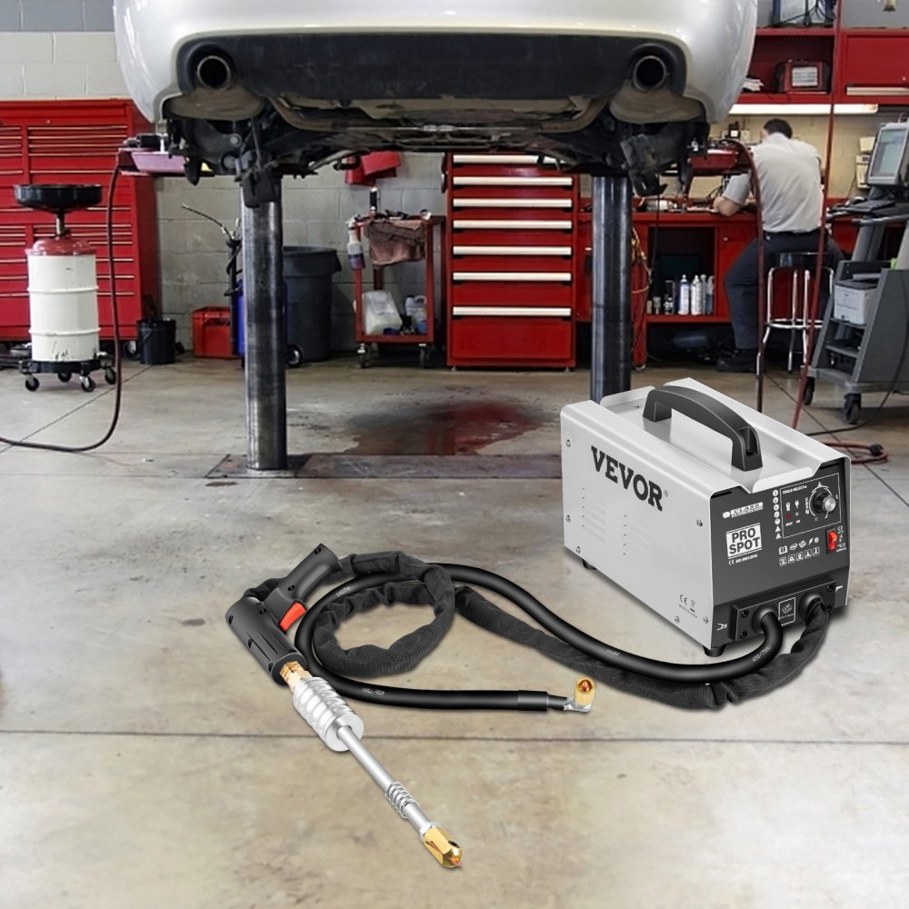 VEVOR dent puller displayed in an auto repair shop with car lift and red tool cabinets.