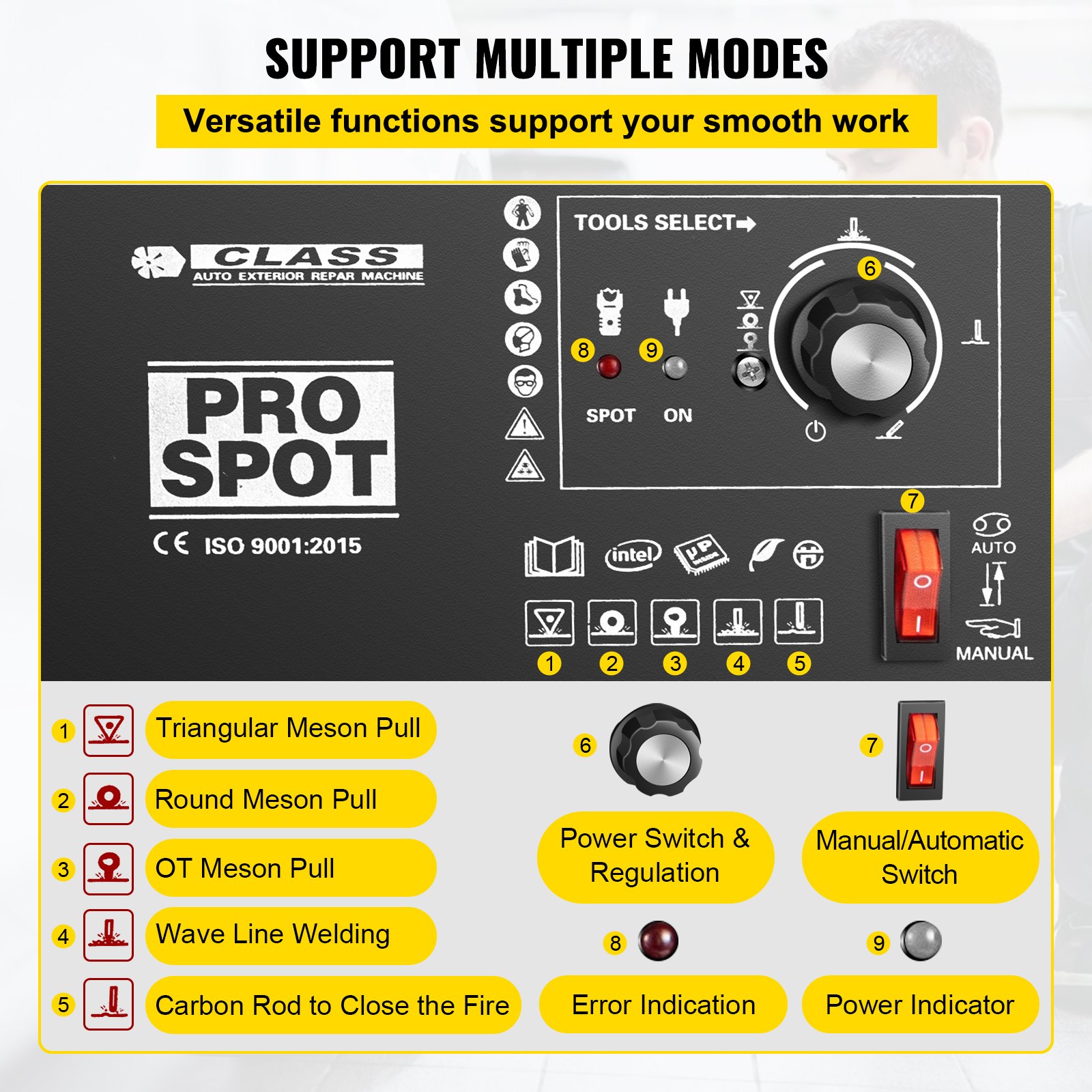 control panel showcasing VEVOR dent puller functions with multiple tool options.