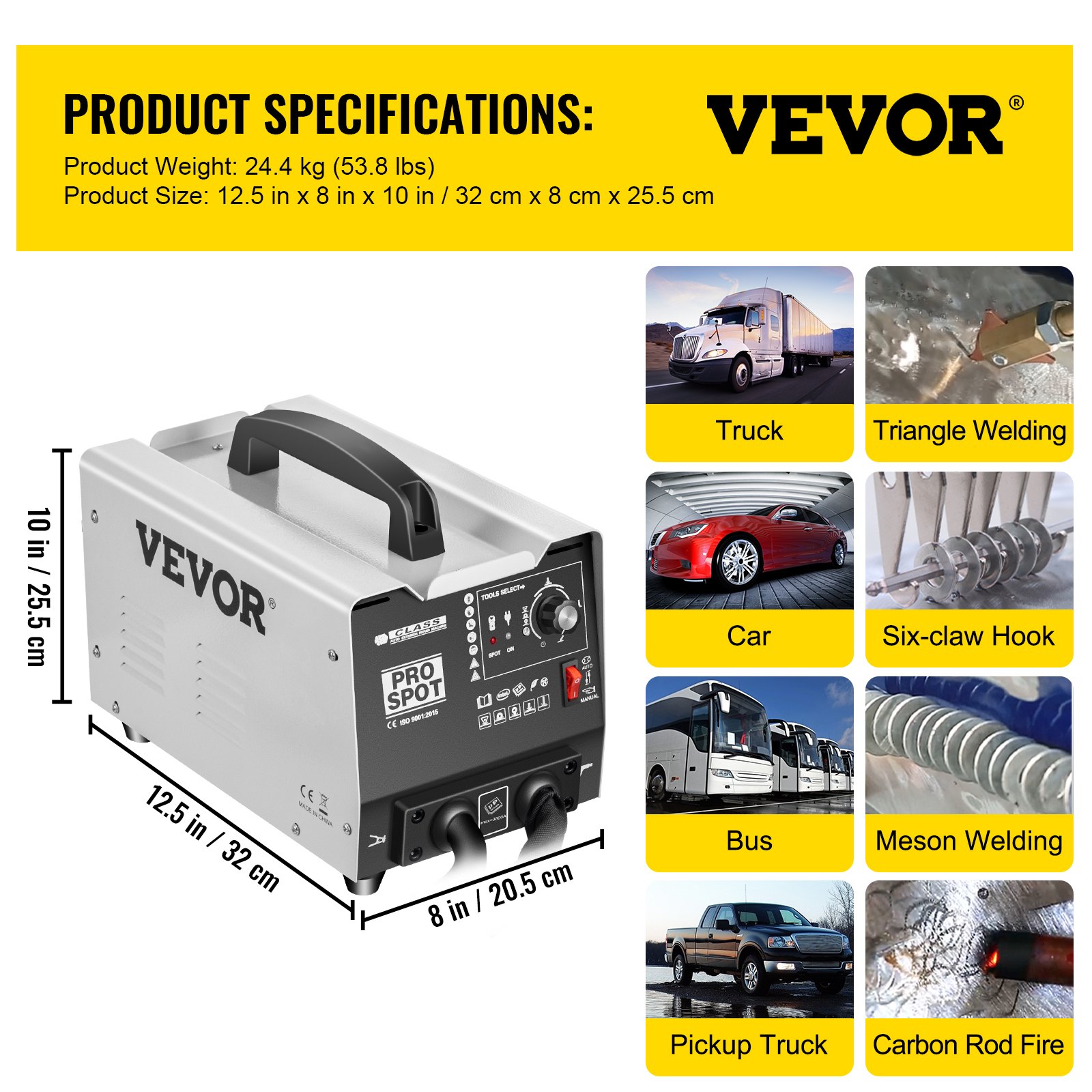 VEVOR dent puller with product specifications and applicable vehicles: truck, car, bus.