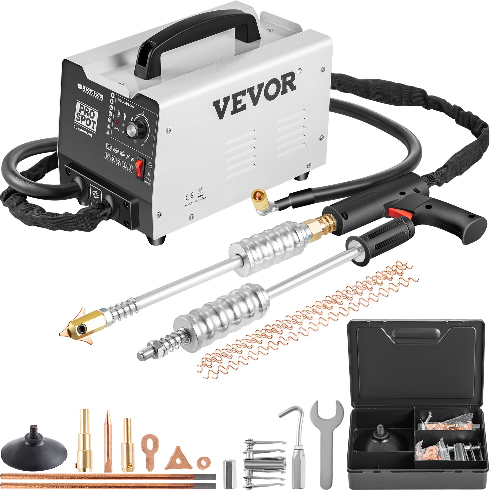 VEVOR dent puller kit with power unit, handle attachments, and various accessories.