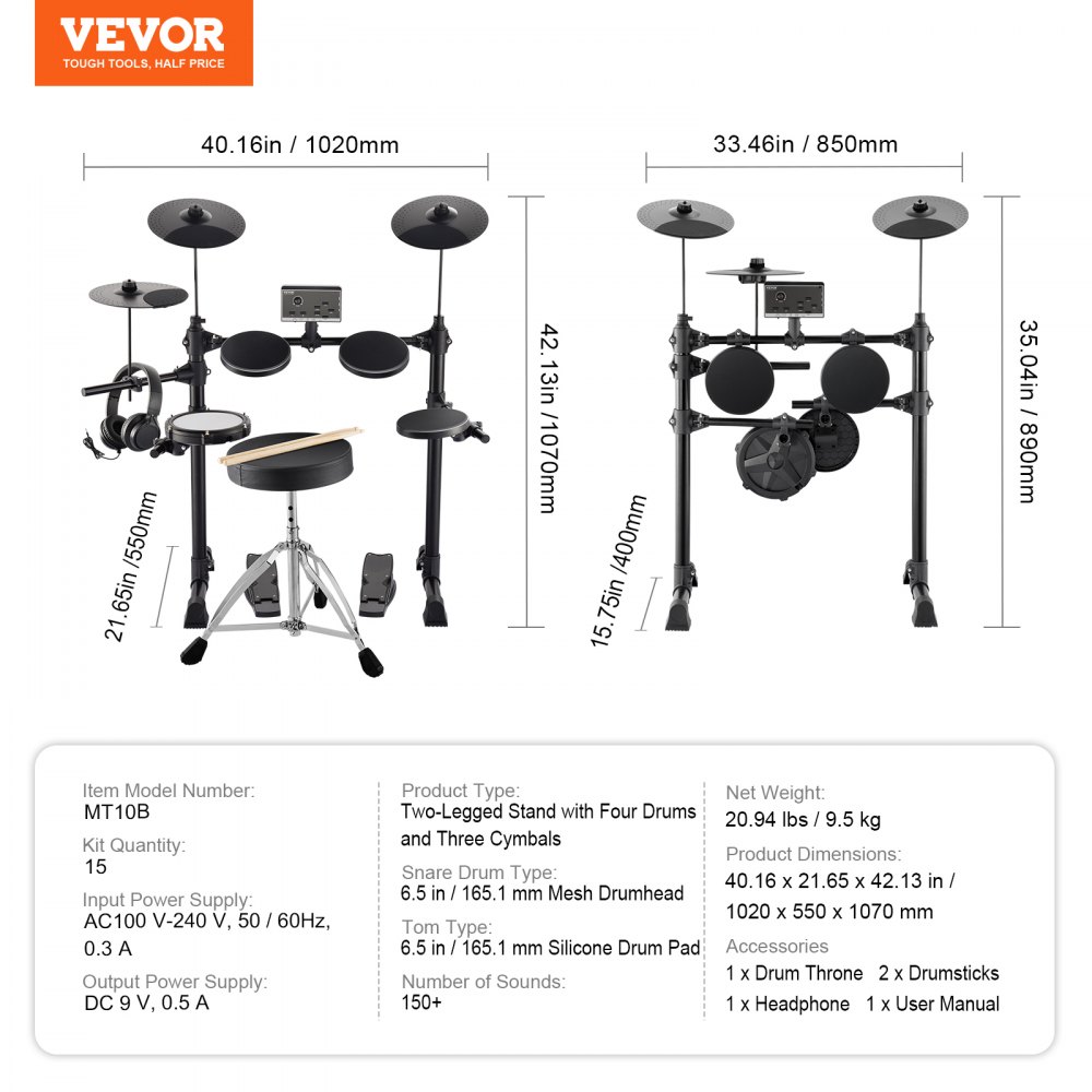 VEVOR Electric Drum Set, 15 Drum Kits & 150 Sounds Electronic Drum Kit, USB MIDI Supported 6.5 in Quiet Mesh Snare Electric Drum Set with 10 in Cymbals Drum Sticks & Headphone, for Beginners & Adults