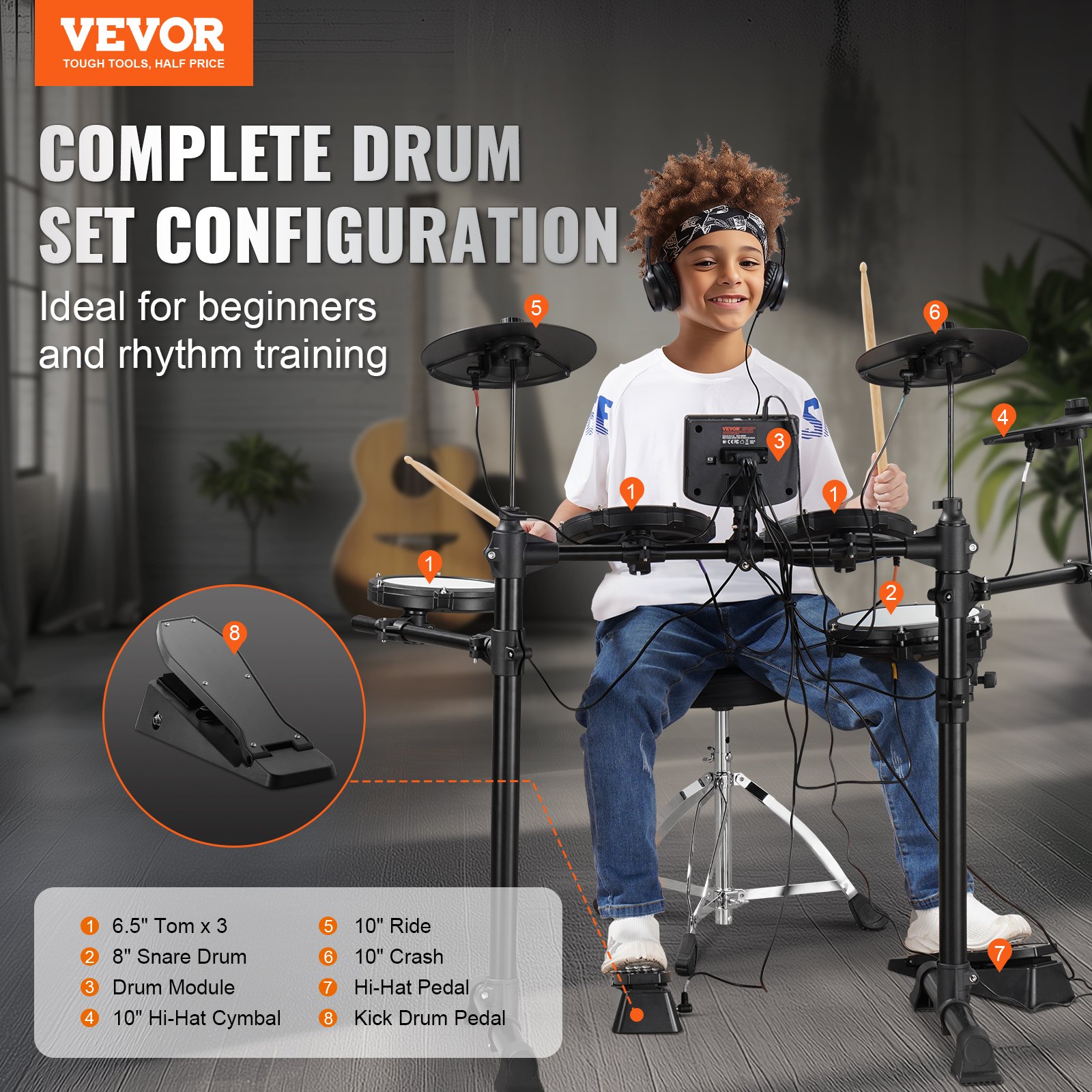 VEVOR Electric Drum Set, 15 Drum Kits & 150 Sounds Electronic Drum Kit, USB MIDI Supported 8 in Quiet Mesh Snare Electric Drum Set with 10 in Cymbals Drum Sticks & Headphone, for Beginners & Adults
