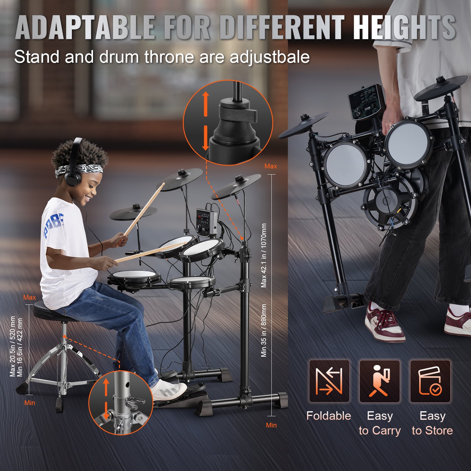 VEVOR Electric Drum Set, 15 Drum Kits & 150 Sounds Electronic Drum Kit, USB MIDI Supported 8 in Quiet Mesh Snare Electric Drum Set with 10 in Cymbals Drum Sticks & Headphone, for Beginners & Adults