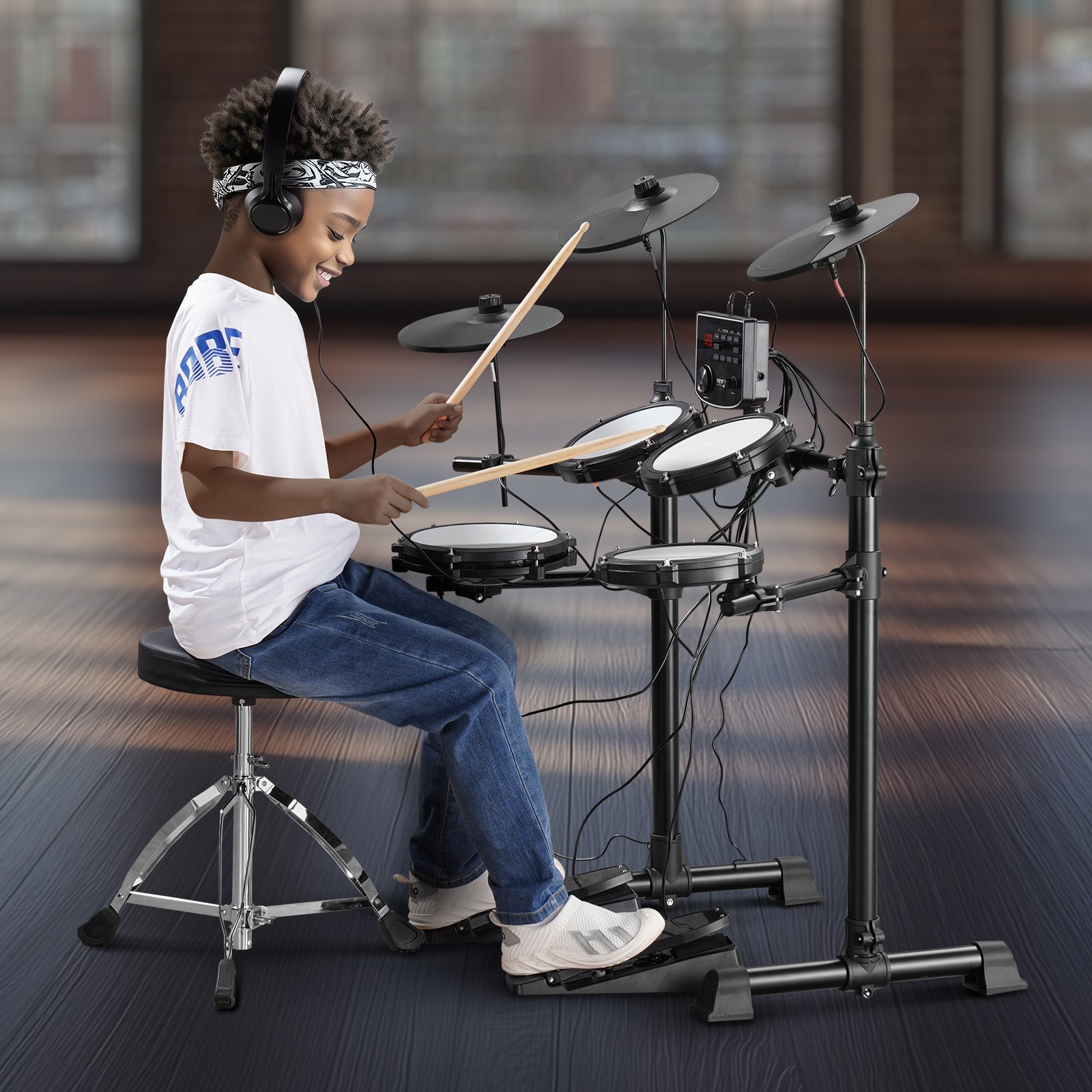 VEVOR Electric Drum Set, 15 Drum Kits & 150 Sounds Electronic Drum Kit, USB MIDI Supported 8 in Quiet Mesh Snare Electric Drum Set with 10 in Cymbals Drum Sticks & Headphone, for Beginners & Adults
