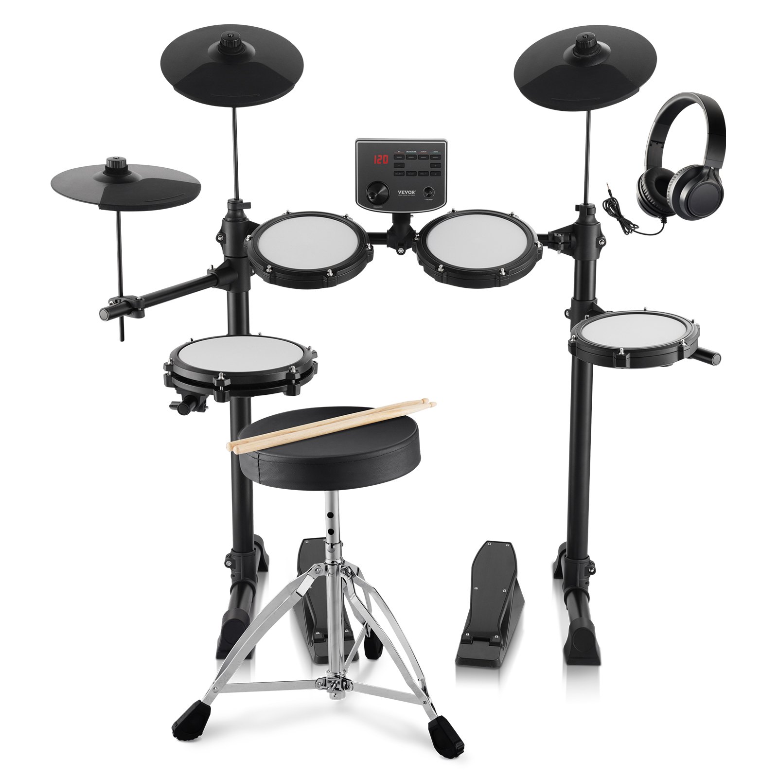 Set de tobe electrice VEVOR, 15 seturi de tobe și 150 de sunete, suport USB MIDI, set de tobe electrice cu plasă silențioasă de 8 inch cu cinele de 10 inch, bețe de tobă și căști, pentru începători și adulți