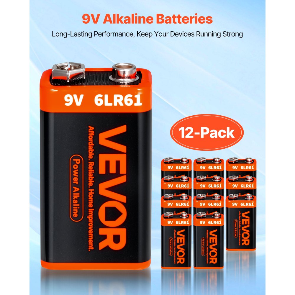 VEVOR 9V Alkaline Batteries, 12-Pack, 9 Volt Square Battery for Smoke Detector, 10-Year Shelf Life, Long Lasting, All-Purpose, for Fire Alarm, Household Office Business Devices, Electronics & Audio