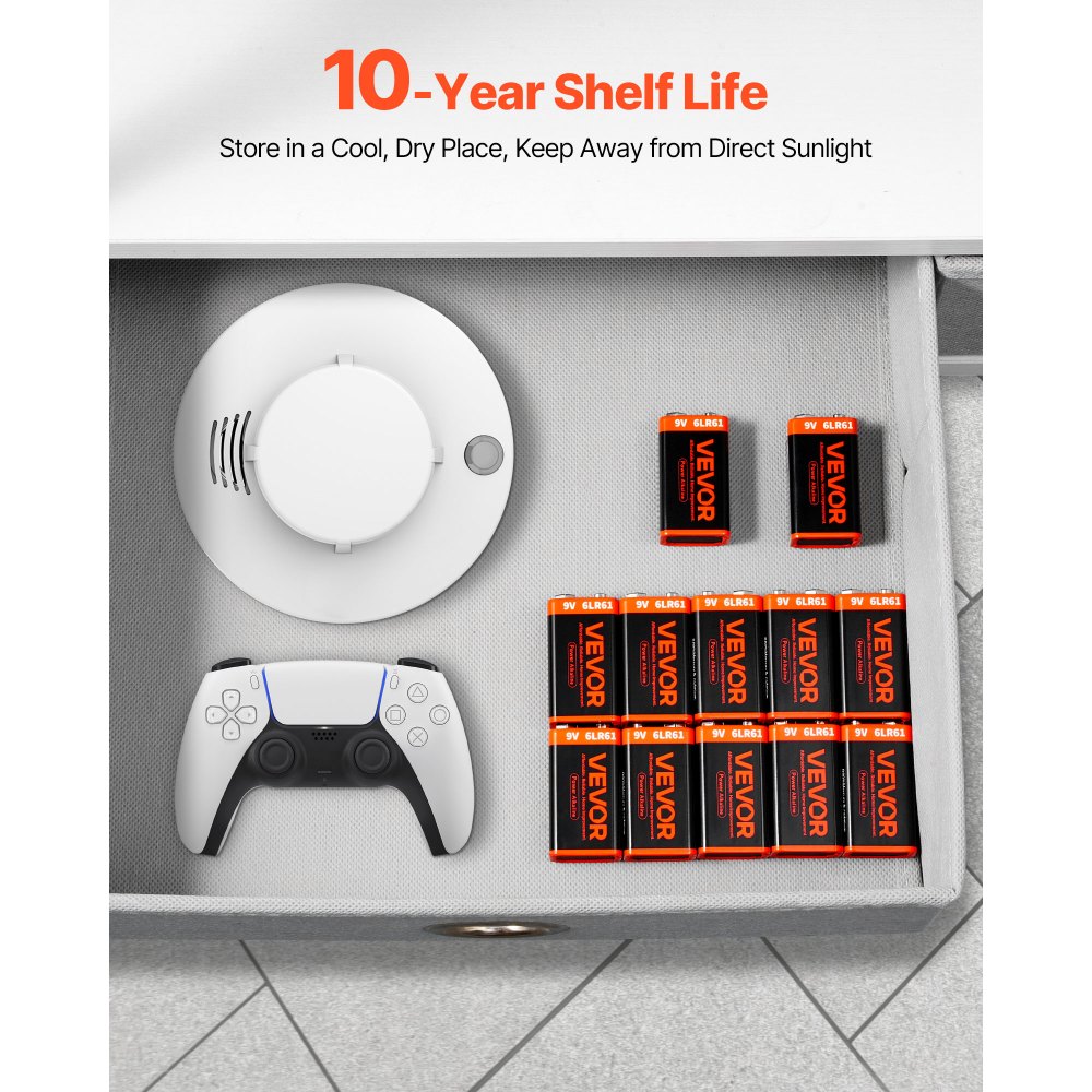 VEVOR 9V Alkaline Batteries, 12-Pack, 9 Volt Square Battery for Smoke Detector, 10-Year Shelf Life, Long Lasting, All-Purpose, for Fire Alarm, Household Office Business Devices, Electronics & Audio