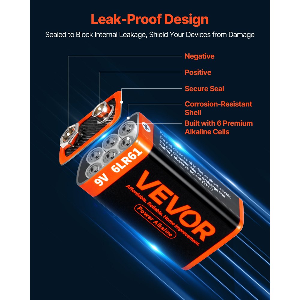 VEVOR 9V Alkaline Batteries, 12-Pack, 9 Volt Square Battery for Smoke Detector, 10-Year Shelf Life, Long Lasting, All-Purpose, for Fire Alarm, Household Office Business Devices, Electronics & Audio