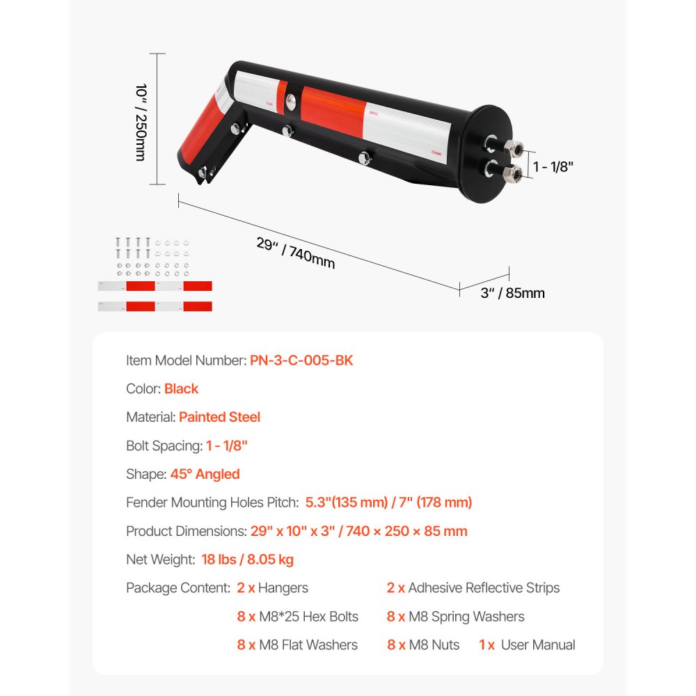 VEVOR Angled Spring Loaded Mud Flap Hangers, 1-1/8" (28.6mm) Bolt Spacing Mudflap Hangers for Semi Trucks, 1 Pair Heavy Duty Semi Truck Mud Flap Hanger Set with Reflective Strips, Black
