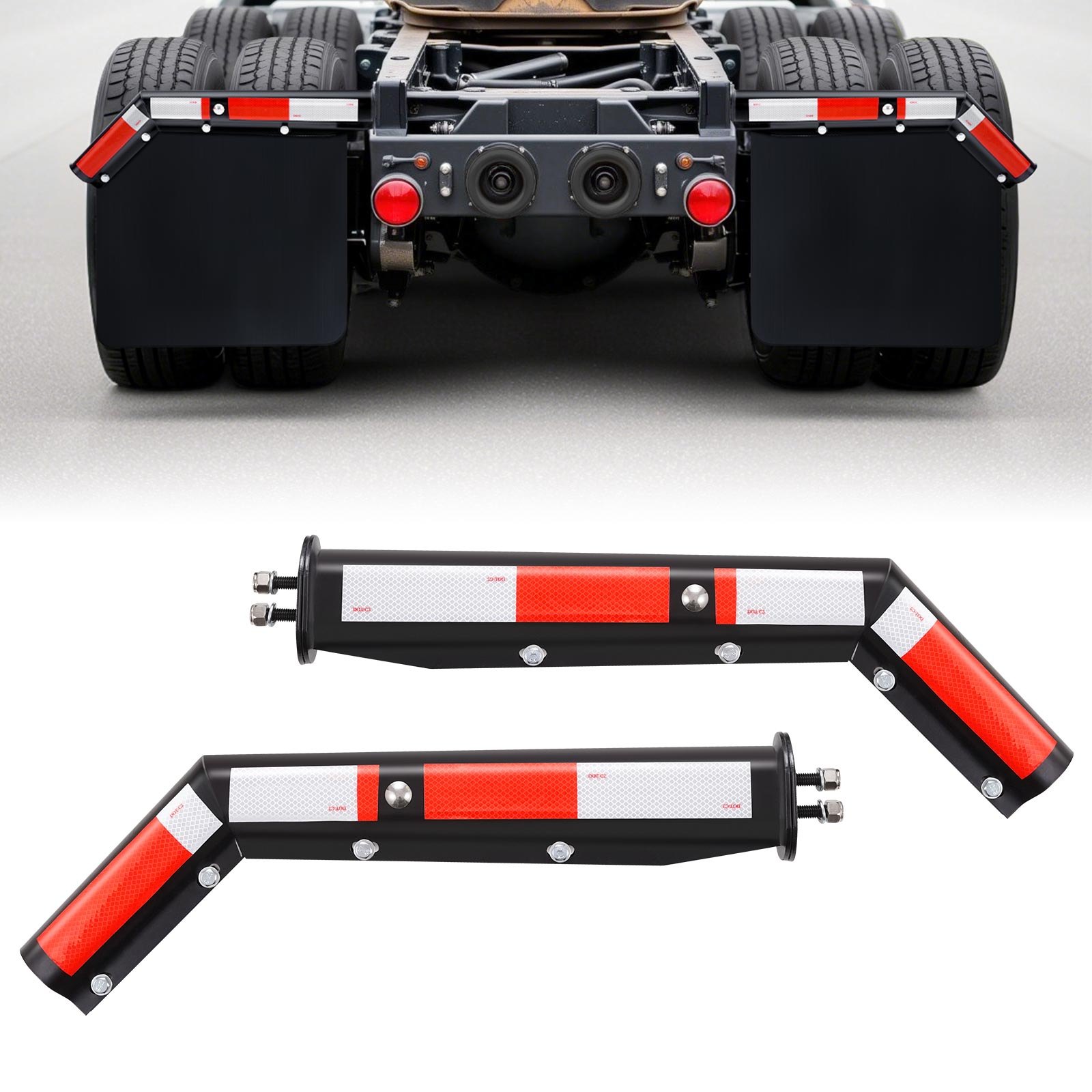 VEVOR Angled Spring Loaded Mud Flap Hangers, 1-1/8" (28.6mm) Bolt Spacing Mudflap Hangers for Semi Trucks, 1 Pair Heavy Duty Semi Truck Mud Flap Hanger Set with Reflective Strips, Black