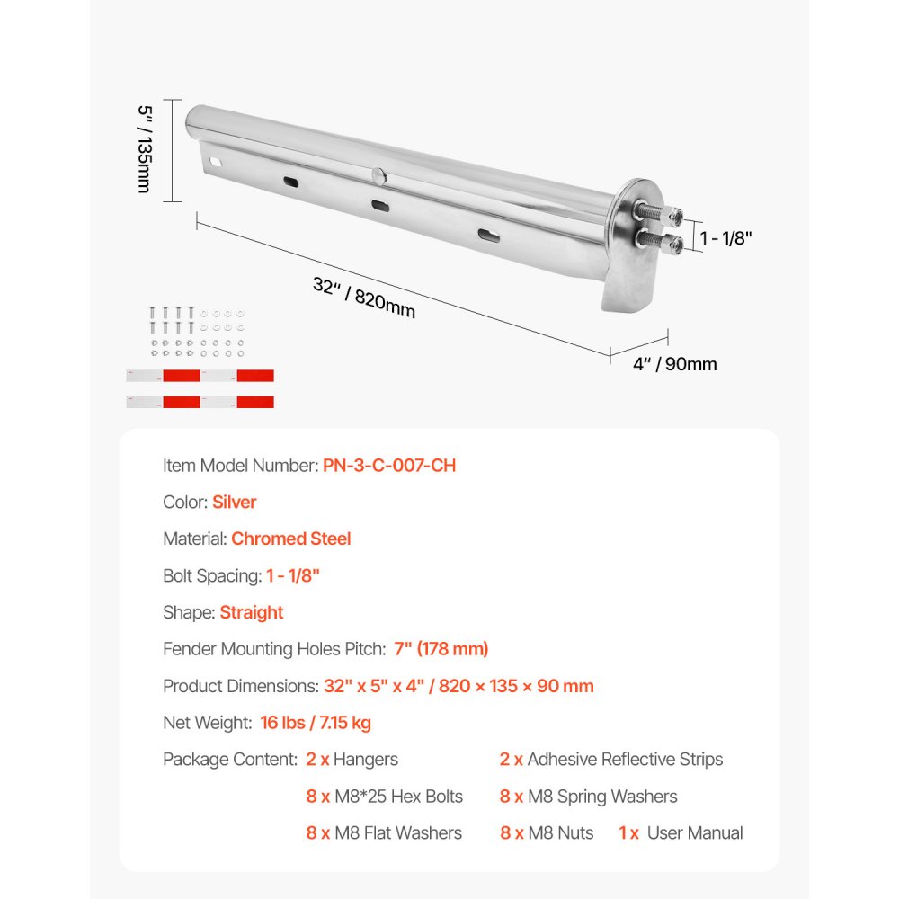 VEVOR Chrome Straight Spring Loaded Mud Flap Hangers, 1-1/8" (28.6mm) Bolt Spacing Mudflap Hangers for Semi Trucks, 1 Pair Heavy Duty Semi Truck Mud Flap Hanger Set with Reflective Strips, Silver
