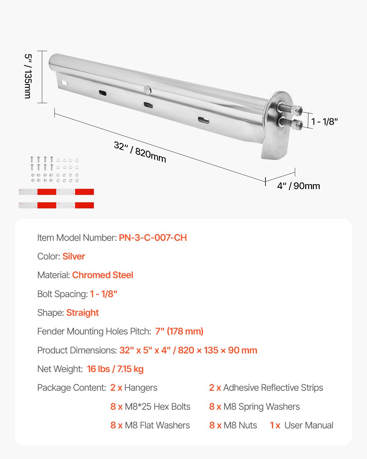 VEVOR Chrome Straight Spring Loaded Mud Flap Hangers, 1-1/8" (28.6mm) Bolt Spacing Mudflap Hangers for Semi Trucks, 1 Pair Heavy Duty Semi Truck Mud Flap Hanger Set with Reflective Strips, Silver