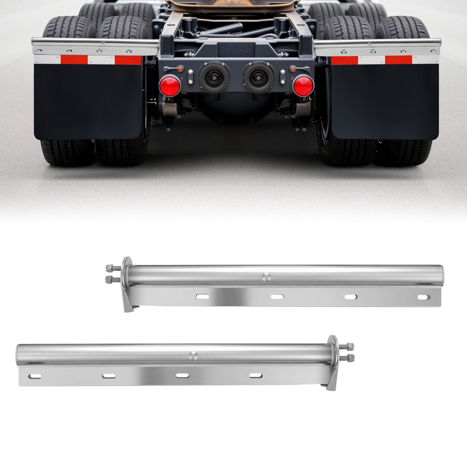 VEVOR Chrome Straight Spring Loaded Mud Flap Hangers, 1-1/8" (28.6mm) Bolt Spacing Mudflap Hangers for Semi Trucks, 1 Pair Heavy Duty Semi Truck Mud Flap Hanger Set with Reflective Strips, Silver