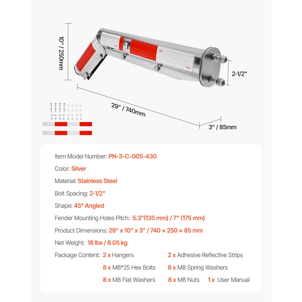 VEVOR Stainless Steel Angled Spring Loaded Mud Flap Hangers, 2-1/2" (63.5mm) Bolt Spacing Mudflap Hangers for Semi Trucks, 1 Pair Heavy Duty Semi Truck Mud Flap Hanger Set with Reflective Strips, Silver
