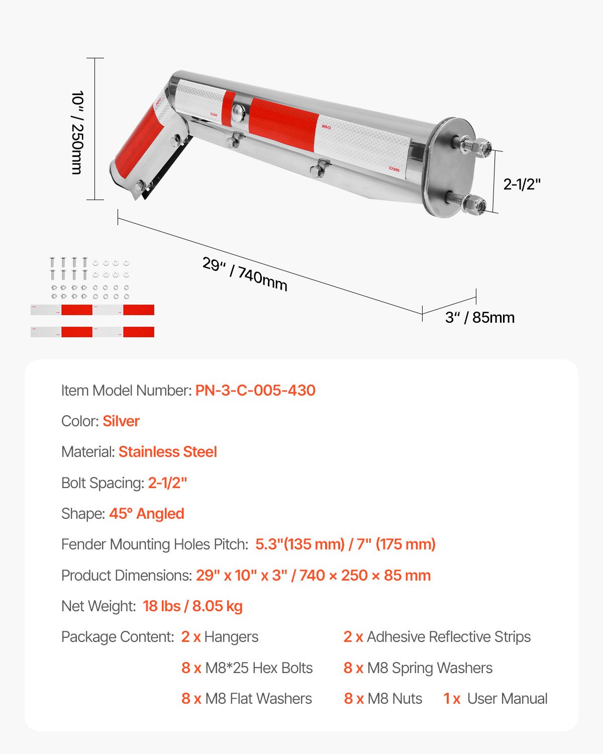 VEVOR Stainless Steel Angled Spring Loaded Mud Flap Hangers, 2-1/2" (63.5mm) Bolt Spacing Mudflap Hangers for Semi Trucks, 1 Pair Heavy Duty Semi Truck Mud Flap Hanger Set with Reflective Strips, Silver