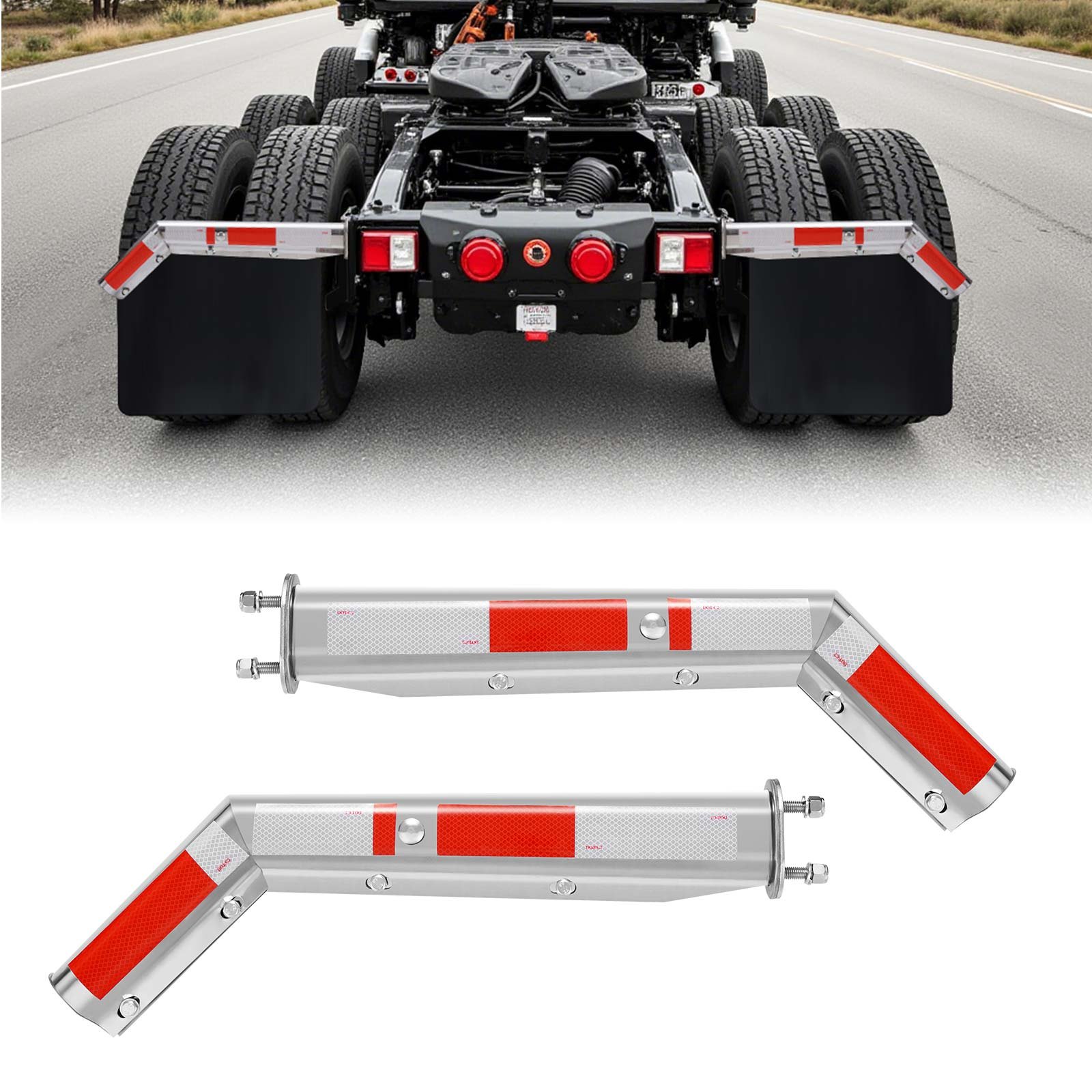 VEVOR Stainless Steel Angled Spring Loaded Mud Flap Hangers, 2-1/2" (63.5mm) Bolt Spacing Mudflap Hangers for Semi Trucks, 1 Pair Heavy Duty Semi Truck Mud Flap Hanger Set with Reflective Strips, Silver