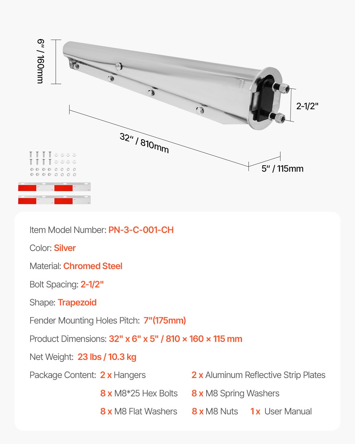 VEVOR Chrome Straight Spring Loaded Mud Flap Hangers, 2-1/2" (63.5mm) Bolt Spacing Mudflap Hangers for Semi Trucks, 1 Pair Heavy Duty Semi Truck Mud Flap Hanger Set with Aluminum Reflective Plates, Silver