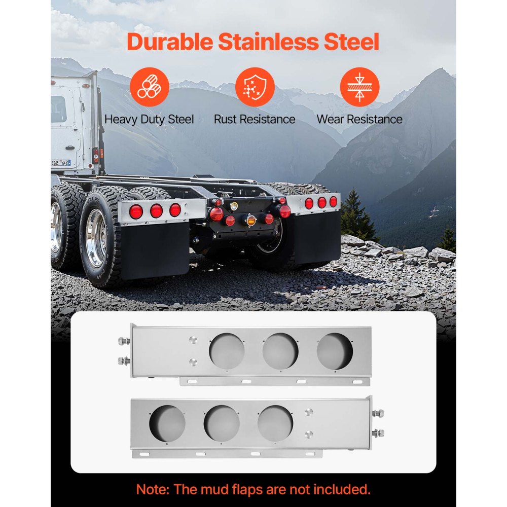 VEVOR Stainless Steel Mud Flap Hangers with Light Cutouts, 2-1/2" (63.5mm) Bolt Spacing, Spring Loaded Mudflap Hangers for Semi Trucks, 1 Pair Heavy Duty Semi Truck Mud Flap Hanger Set, Silver