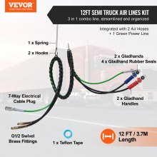 VEVOR 12FT Semi Truck Air Lines Kit with 2PCS Glad Hands, 3-in-1 Air Hoses & 7 Way ABS Electric Power Line, with 2PCS Gladhand Handles, 4PCS Seals and Tender Spring Kit for Semi Truck Trailer Tractor