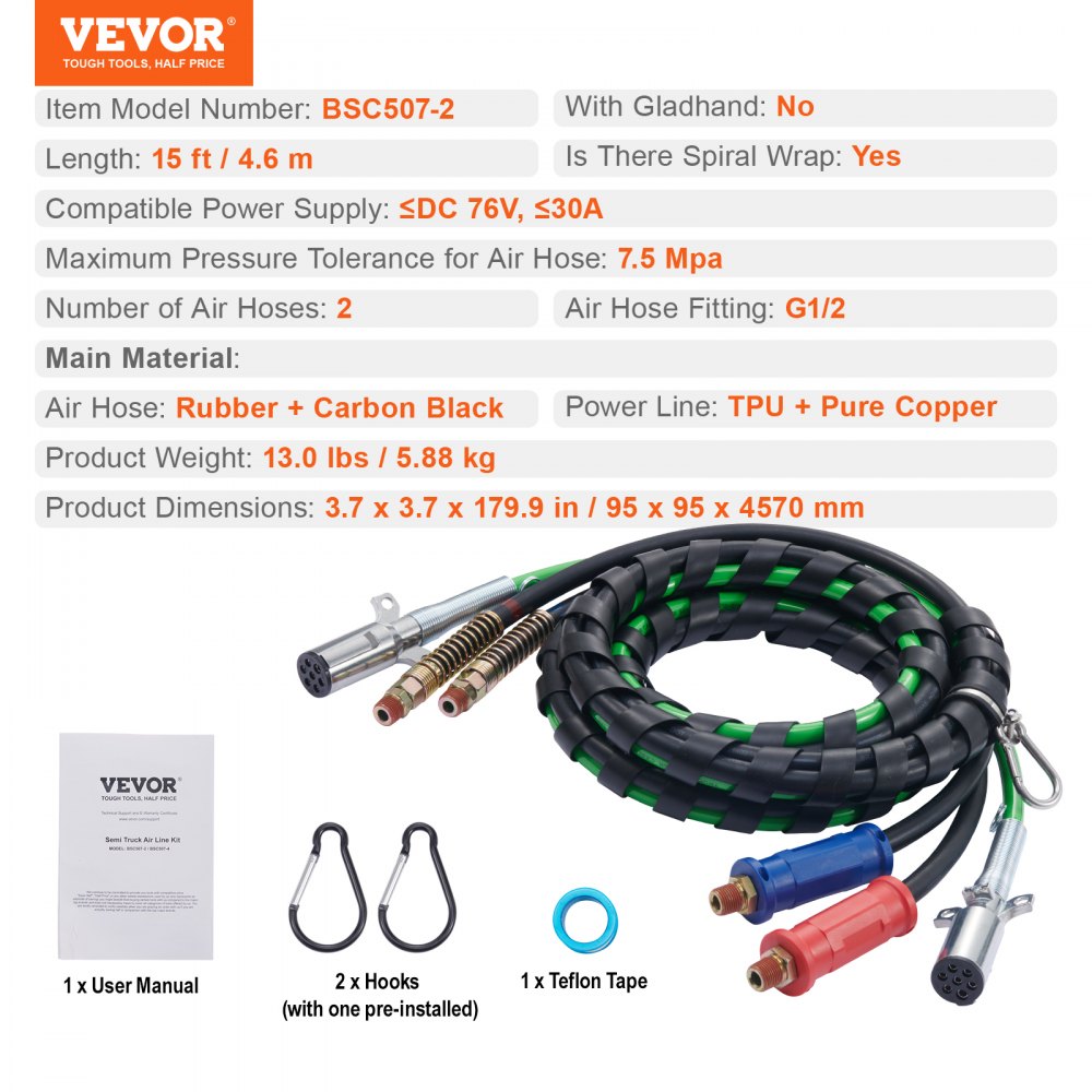 VEVOR 4.6 m Semi Truck Air Lines Kit, 3-in-1 Air Hoses & ABS Power Line for Semi Truck Trailer Tractor, 7-Way Plug Electrical Cord Cable and Rubber Air Lines Hose Assembly Kit with Hook & Teflon Tape