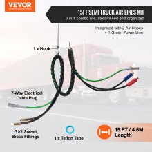 VEVOR 15FT Semi Truck Air Lines Kit, 3-in-1 Air Hoses & ABS Power Line for Semi Truck Trailer Tractor, 7-Way Plug Electrical Cord Cable and Rubber Air Lines Hose Assembly Kit with Hook & Teflon Tape