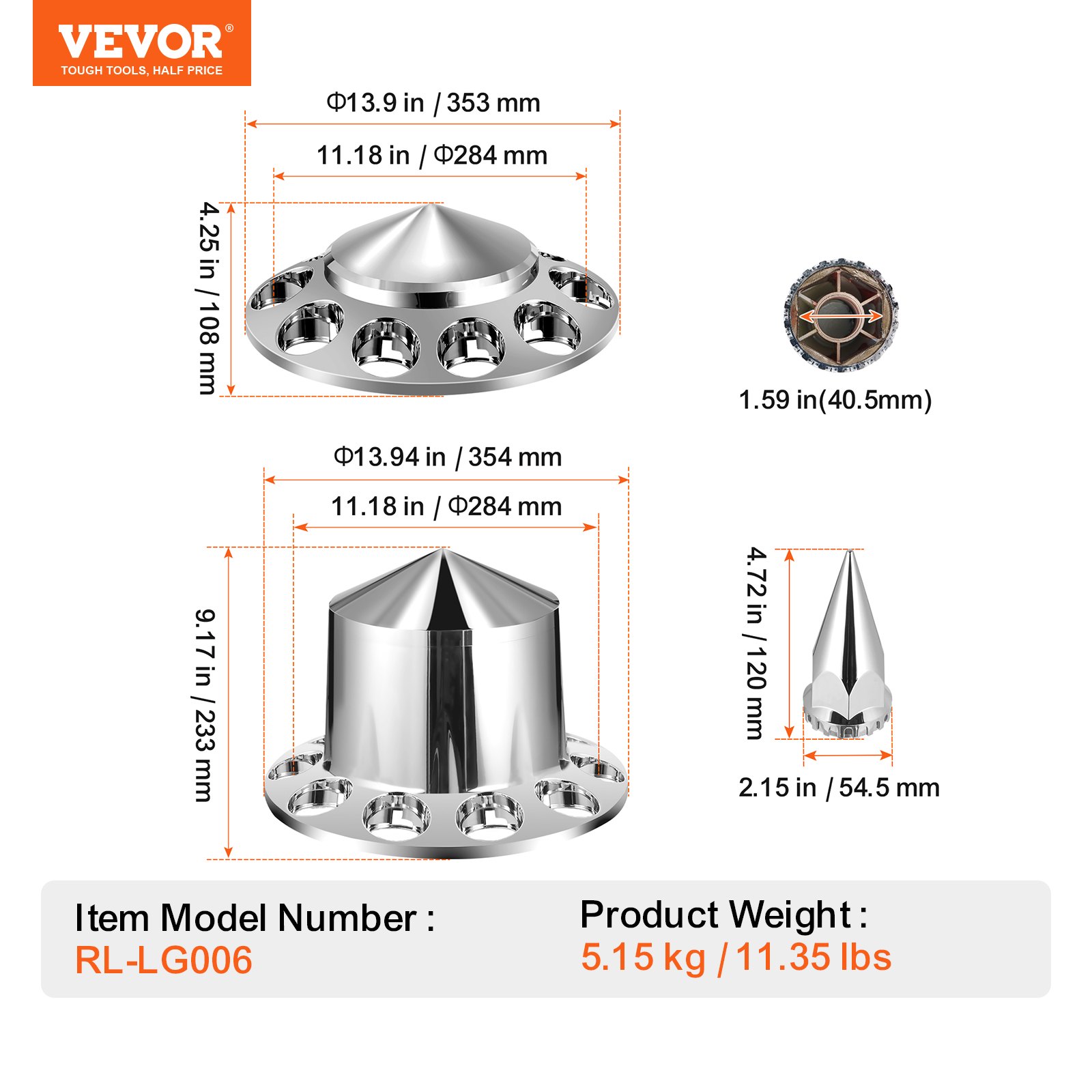 VEVOR Rear Front Axle Wheel Covers, Spiked Axle Cover for Semi Truck, ABS Rust-Resistant Lug Nut Covers, Universal Fit, Installation Tool Included, 2 Front and 4 Rear Axle Hub Covers Combo Kit