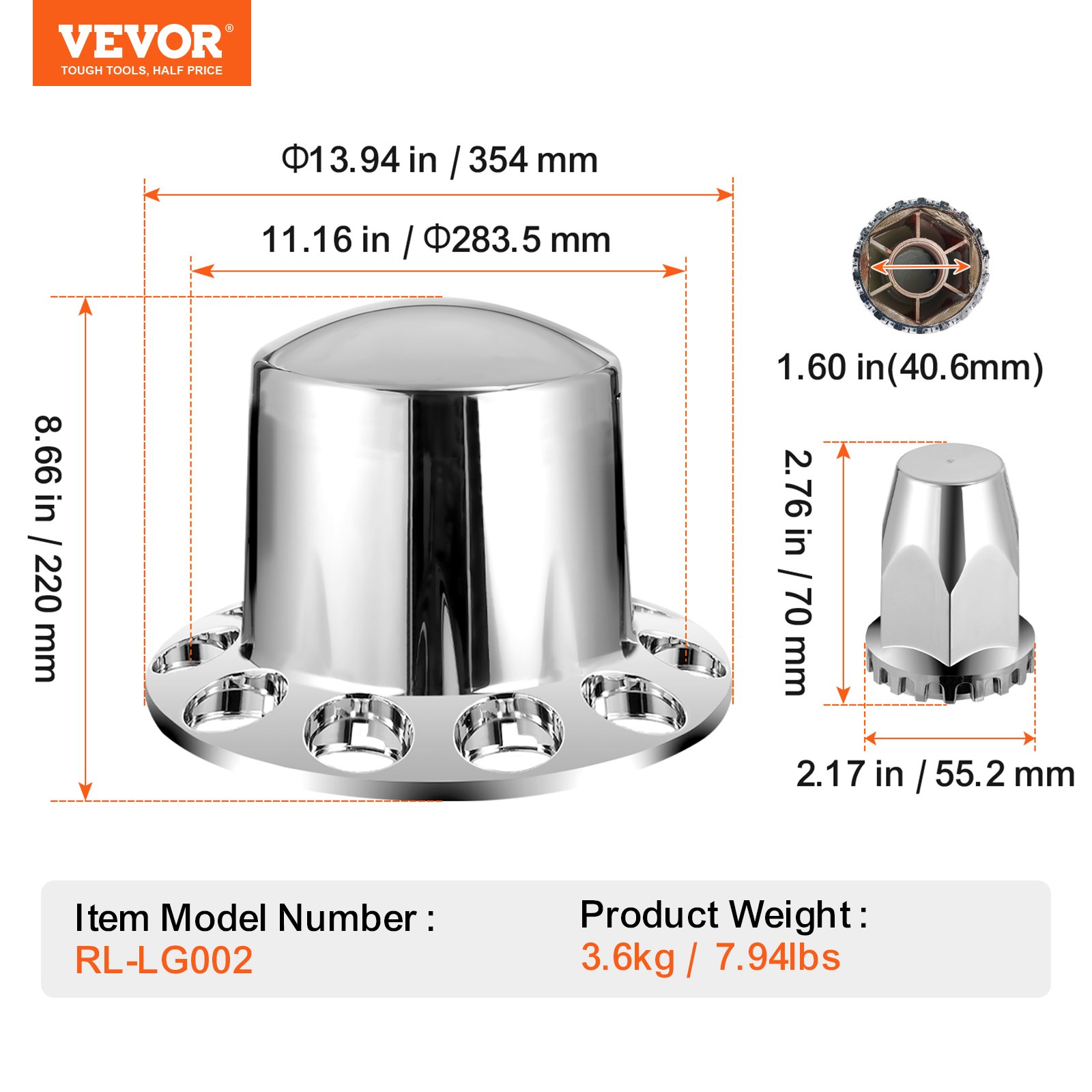 VEVOR Rear Axle Wheel Covers, Dome Axle Cover for Semi Truck, ABS Electroplate Rust-Resistant Lug Nut Covers, Universal Fit, Installation Tool Included, Complete Axle Cover Combo Kit