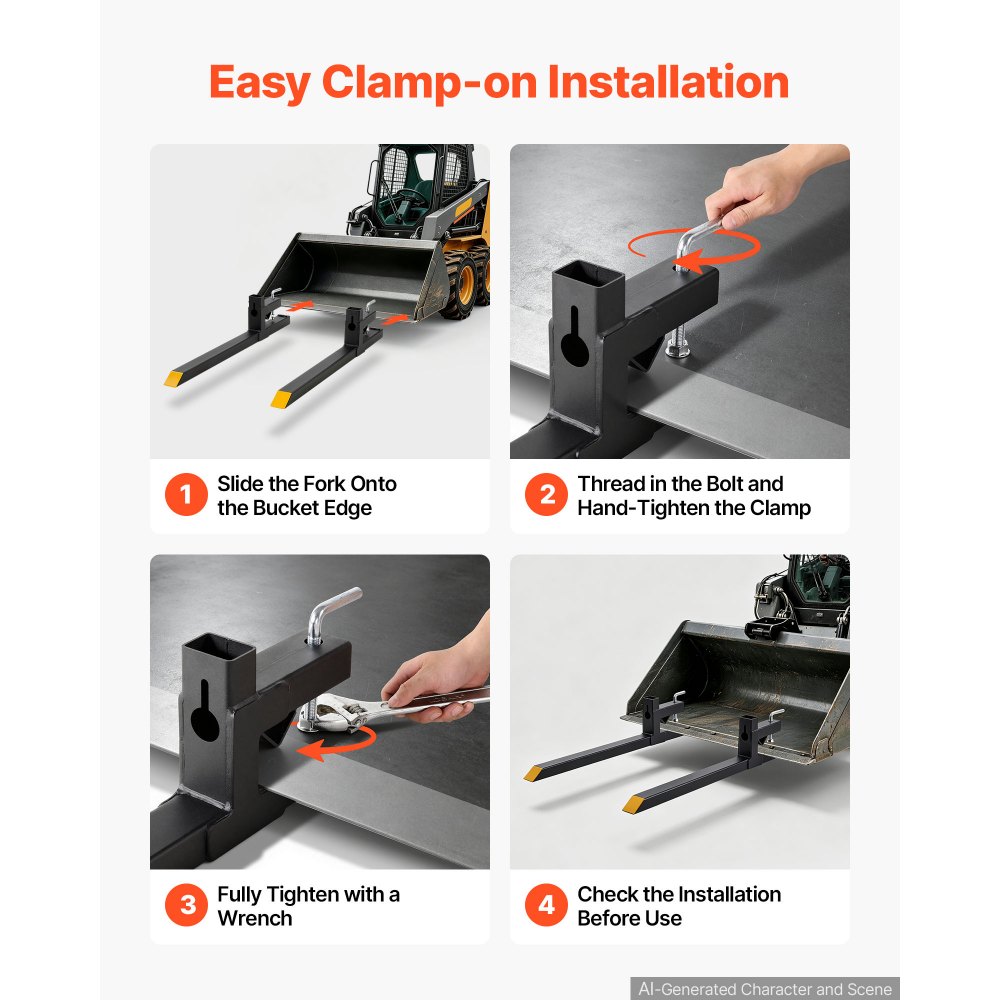 VEVOR Pallet Forks 907 kg 1092 mm Clamp-On Pallet Forks Yellow Tips Fixed, Front Loader Attachment for Tractor, Skid Steer, Loader Bucket, Agriculture, Farm, Heavy-Duty Reinforced Steel Bucket Fork