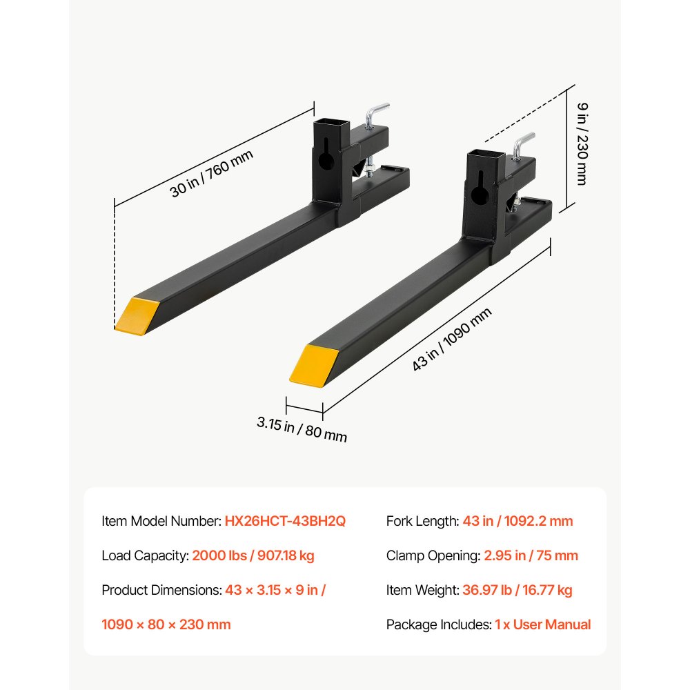 VEVOR Pallet Forks 907 kg 1092 mm Clamp-On Pallet Forks Yellow Tips Fixed, Front Loader Attachment for Tractor, Skid Steer, Loader Bucket, Agriculture, Farm, Heavy-Duty Reinforced Steel Bucket Fork