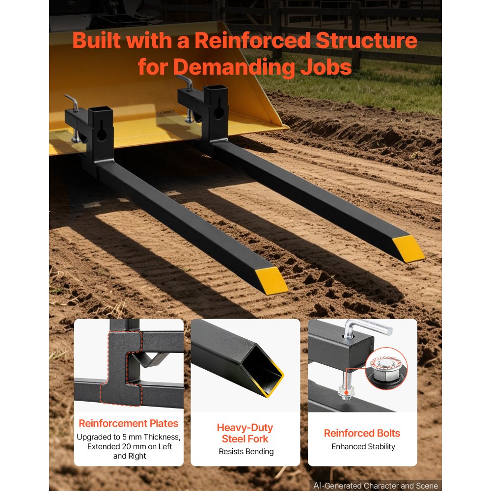 VEVOR Pallet Forks, 907 kg 1524 mm Clamp-On Pallet Forks Yellow Tips Fixed, Front Loader Attachment for Tractor, Skid Steer, Loader Bucket, Agriculture, Farm, Heavy-Duty Reinforced Steel Bucket Fork