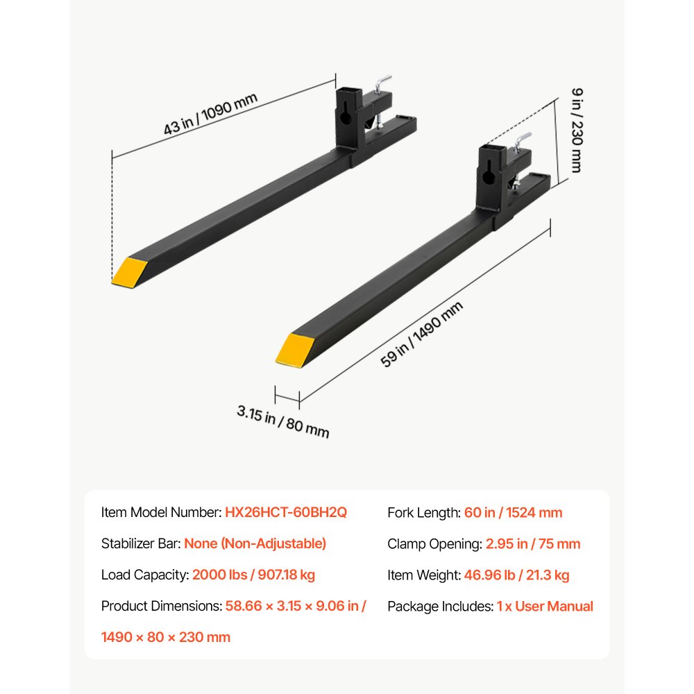 VEVOR Pallet Forks, 907 kg 1524 mm Clamp-On Pallet Forks Yellow Tips Fixed, Front Loader Attachment for Tractor, Skid Steer, Loader Bucket, Agriculture, Farm, Heavy-Duty Reinforced Steel Bucket Fork
