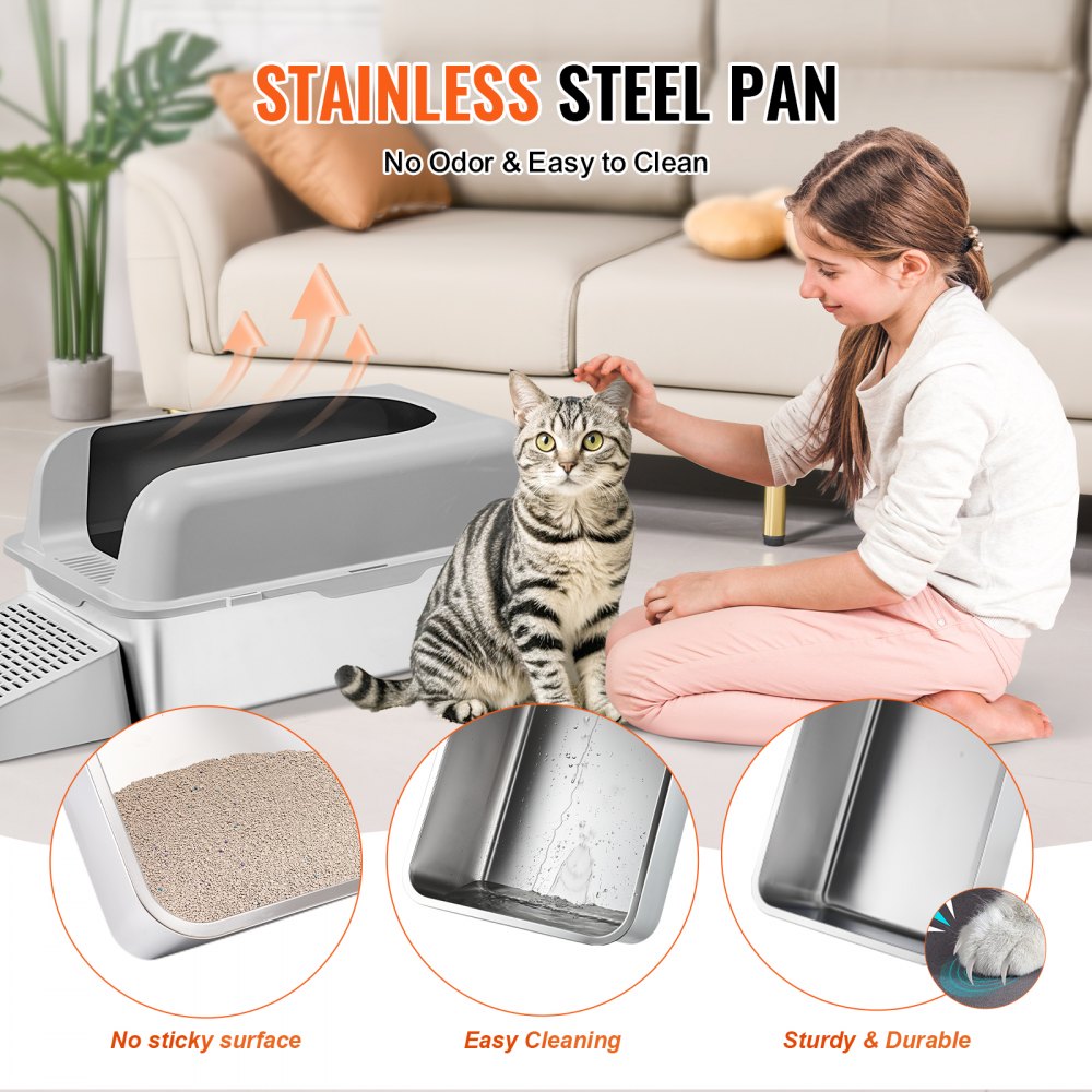 VEVOR Cat Litter Box, 152 mm Deep, XL Extra Large Stainless Steel Cat Litter Box with Scoop, Wide Filtering Foot Board & High Sides, Enclosed Odor-Free Easy-to-Clean Litter Box, Fit for Big Cats
