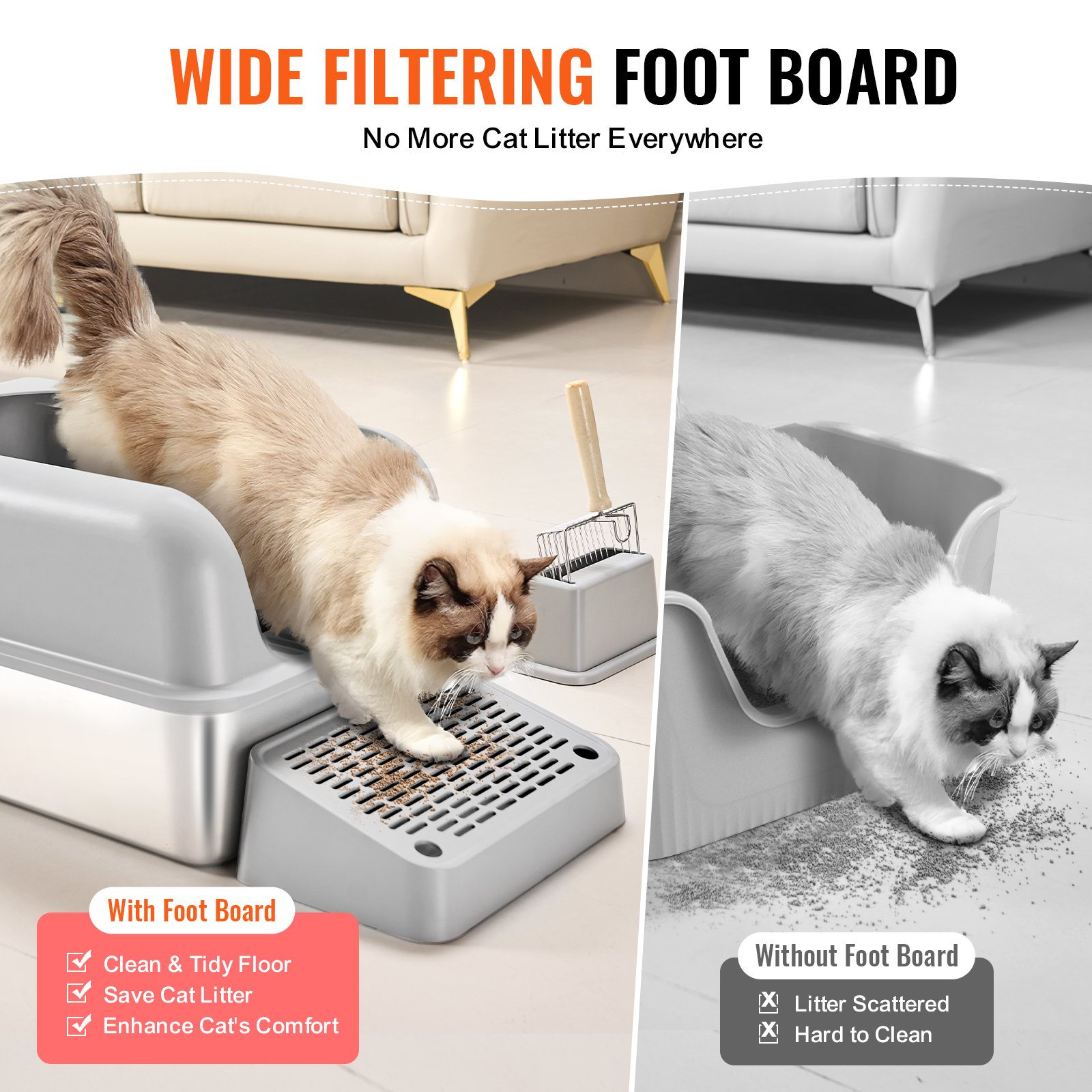 VEVOR Cat Litter Box, 152 mm Deep, XL Extra Large Stainless Steel Cat Litter Box with Scoop, Wide Filtering Foot Board & High Sides, Enclosed Odor-Free Easy-to-Clean Litter Box, Fit for Big Cats