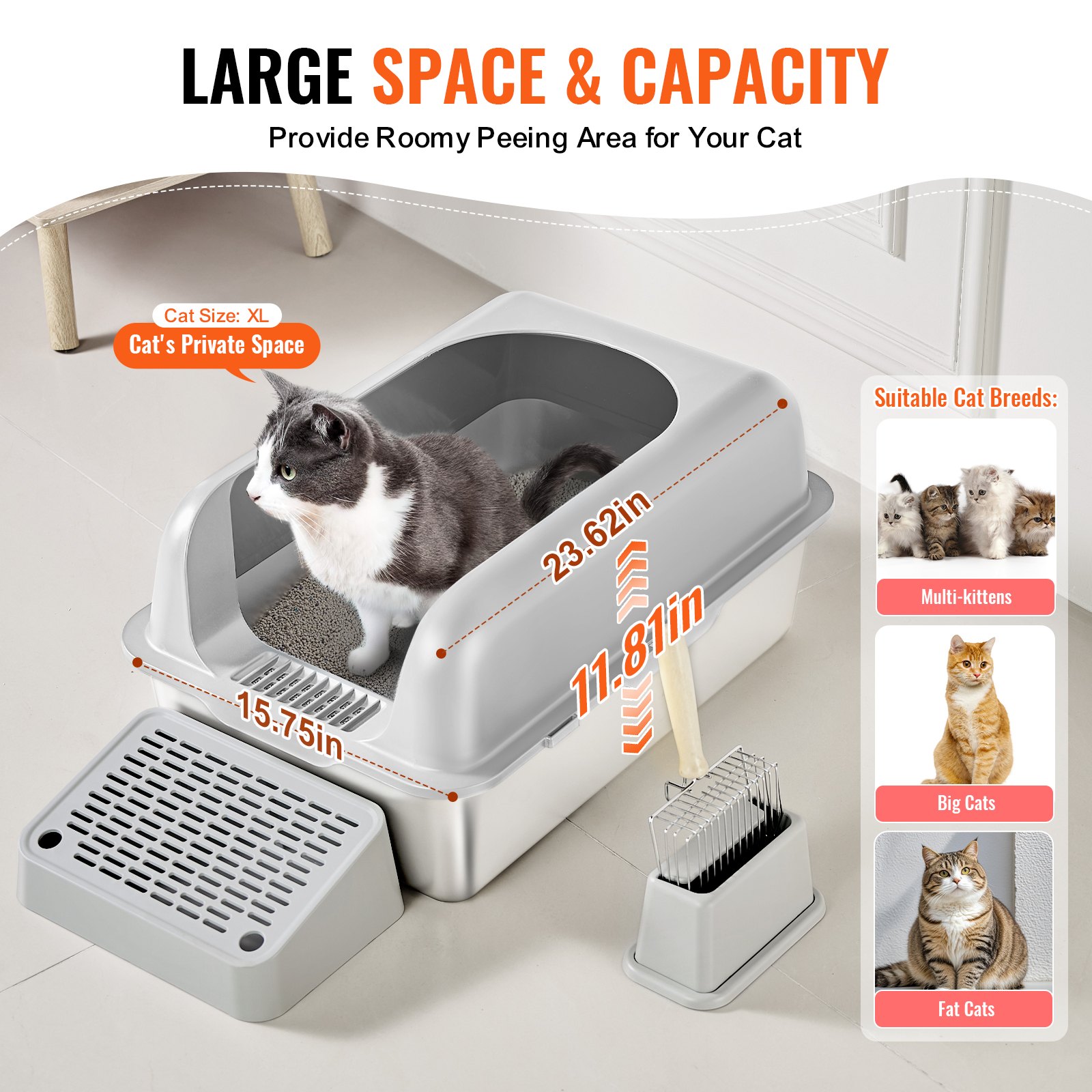 VEVOR Cat Litter Box, 152 mm Deep, XL Extra Large Stainless Steel Cat Litter Box with Scoop, Wide Filtering Foot Board & High Sides, Enclosed Odor-Free Easy-to-Clean Litter Box, Fit for Big Cats