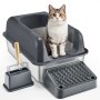 VEVOR Cat Litter Box, 6 inches Deep, XL Extra Large Stainless Steel Cat Litter Box with Scoop, Wide Filtering Foot Board & High Sides, Enclosed Odor-Free Easy-to-Clean Litter Box, Fit for Big Cats
