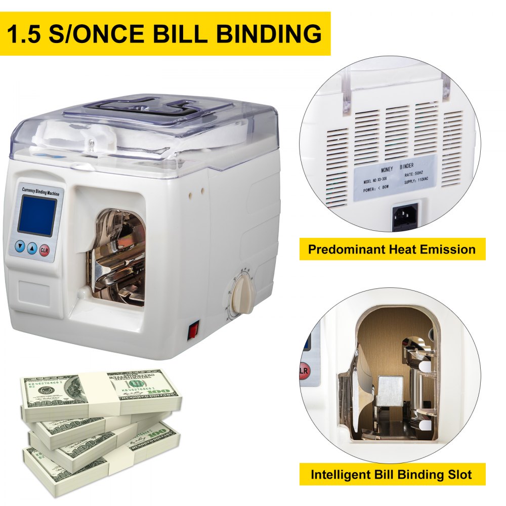 VEVOR Banknote Binding Machine 1.5 s/Once Money Bundle Bill Binding Machine 3cm Tape Width Automatic Cash Binding Machine with LCD Screen Bill Strapping Machine for Bank, Finance Department, Business
