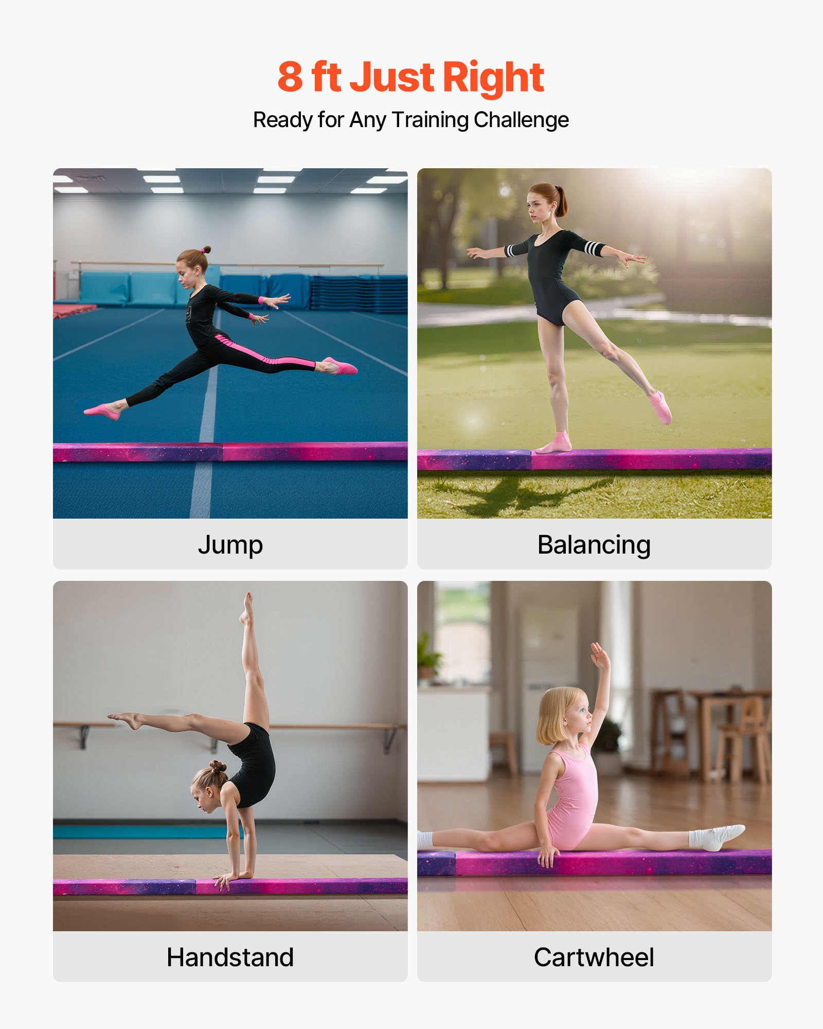 VEVOR 8FT Folding Balance Beam for Kids, 300LBS Stable Support Gymnastics Floor Beam with Non-Slip Mat, Wood-Core Gymnastics Training Equipment with Anti-Slip Bottom & Carry Bag for Home Gym, Galaxy