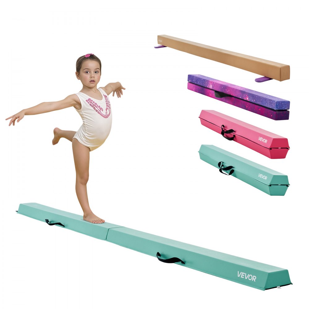VEVOR 8FT Folding Balance Beam for Kids, 90.7 KG Stable Support Gymnastics Floor Beam with Non-Slip Mats, Gymnastics Training Equipment with Anti-Slip Bottom and Carrying Bag for Home Gym, Mint Green